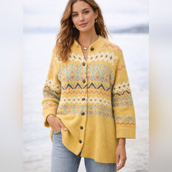 Sundance Sweaters - Sundance Yellow Multicolor Patterned Cardigan Fair Isle Chunky Knit Cabin Cozy